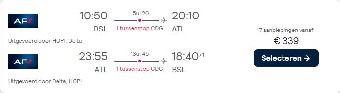 Cheap flights from Basel, Switzerland to Atlanta, USA for only €340 roundtrip with Air France and Delta Air Lines. Flight deal ticket image.