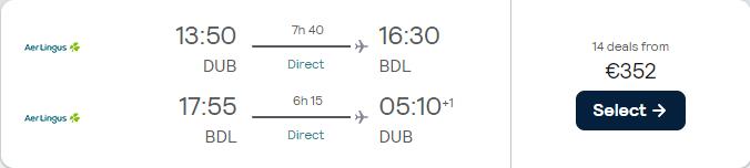 Click here to book this cheap flight deal. Non-stop flights from Dublin, Ireland to Hartford, Connecticut for only €352 roundtrip with Aer Lingus. Flight deal ticket image.