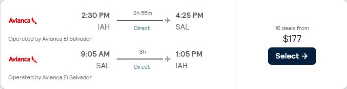 Non-stop flights from Houston, Texas to San Salvador, El Salvador for only $177 roundtrip. Flight deal ticket image.