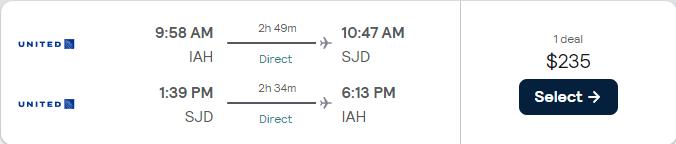 Click here to book this cheap flight deal. Non-stop, summer flights from Houston, Texas to San Jose del Cabo, Mexico for only $235 roundtrip with United Airlines. Flight deal ticket image.