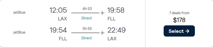 Non-stop flights from Los Angeles to Fort Lauderdale for only $178 roundtrip with JetBlue. Also works in reverse. Flight deal ticket image.