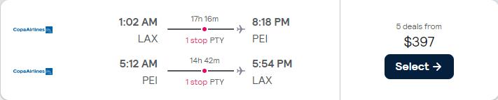Cheap flights from Los Angeles to Pereira, Colombia for only $397 roundtrip with Copa Airlines. Flight deal ticket image.