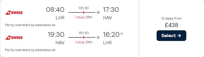Cheap flights from London, UK to Havana, Cuba for only £438 roundtrip with Swiss International Air Lines. Flight deal ticket image.