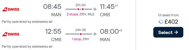 Cheap flights from London or Manchester, UK to Colombo, Sri Lanka from only £367 roundtrip with Swiss International Air Lines. Flight deal ticket image.
