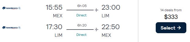 Non-stop flights from Mexico City, Mexico to Lima, Peru for only $333 USD roundtrip with Aeromexico. Flight deal ticket image.