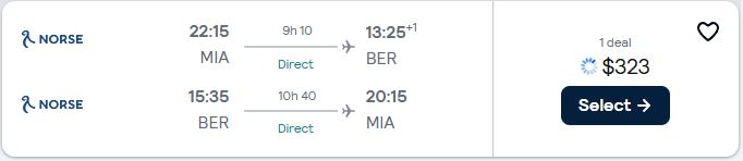 Click here to book this cheap flight deal. Non-stop flights from Miami to Berlin, Germany for only $323 roundtrip. Flight deal ticket image.