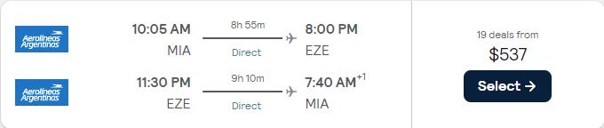 Non-stop, summer flights from Miami to Buenos Aires, Argentina for only $537 roundtrip. Flight deal ticket image.