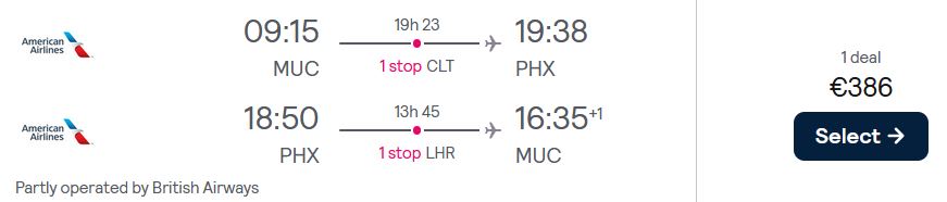 Cheap flights from Munich, Germany to Phoenix, Arizona for only €386 roundtrip with British Airways and American Airlines. Flight deal ticket image.