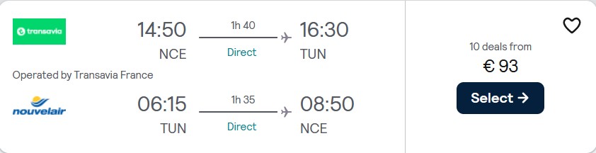 Click here to book this cheap flight deal. Non-stop flights from Nice, France to Tunis, Tunisia for only €93 roundtrip. Flight deal ticket image.