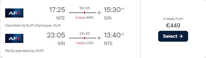 Cheap flights from Nantes, France to Singapore for only €449 roundtrip with KLM and Air France. Flight deal ticket image.