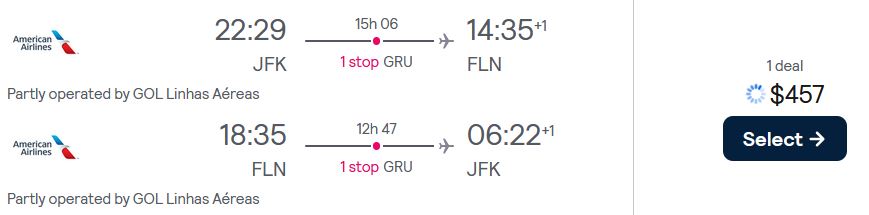 Click here to book this cheap flight deal. Cheap flights from New York to Florianópolis, Brazil for only $457 roundtrip with American Airlines. Flight deal ticket image.