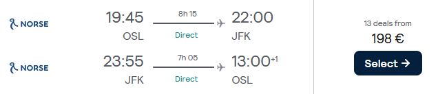Non-stop flights from Oslo, Norway to New York, USA for only €196 roundtrip. Flight deal ticket image.