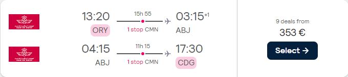 Cheap flights from Paris, France to Abidjan, Ivory Coast for only €353 roundtrip with Royal Air Maroc. Flight deal ticket image.