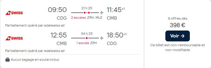 Cheap flights from Paris, France to Colombo, Sri Lanka for only €398 roundtrip with Swiss International Air Lines. Flight deal ticket image.
