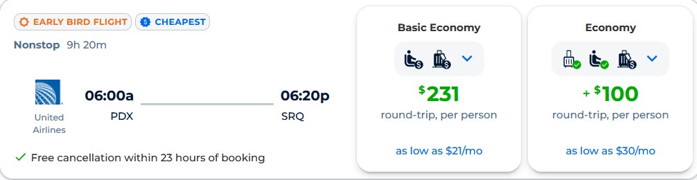 Cheap flights from Portland, Oregon to Sarasota, Florida for only $231 roundtrip with United Airlines. Also works in reverse. Flight deal ticket image.