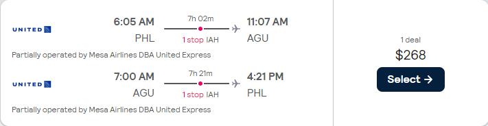 Click here to book this cheap flight deal. Cheap flights from Philadelphia to Aguascalientes, Mexico for only $268 roundtrip with United Airlines. Flight deal ticket image.