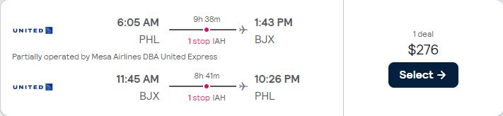 Click here to book this cheap flight deal. Cheap flights from Philadelphia to Leon, Mexico for only $276 roundtrip with United Airlines. Flight deal ticket image.