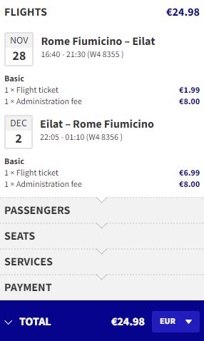 Non-stop flights from Rome, Italy to Eilat, Israel for only €24 roundtrip. Flight deal ticket image.