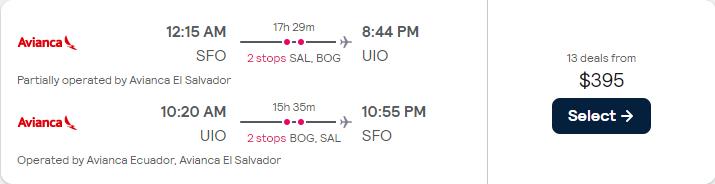 Cheap flights from San Francisco to Quito, Ecuador for only $395 roundtrip with Avianca. Flight deal ticket image.