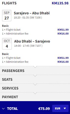 Non-stop flights from Sarajevo, Bosnia and Herzegovina to Abu Dhabi, UAE for only €75 roundtrip. Flight deal ticket image.