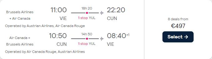 Cheap flights from Vienna, Austria to Cancun, Mexico for only €497 roundtrip with Austrian Airlines and Air Canada. Flight deal ticket image.