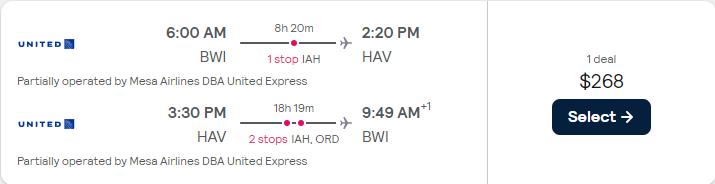 Summer flights from Washington DC to Havana, Cuba for only $268 roundtrip with United Airlines. Flight deal ticket image.