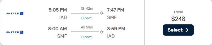 Non-stop flights from Washington DC to Sacramento, California for only $248 roundtrip with United Airlines. Also works in reverse. Flight deal ticket image.
