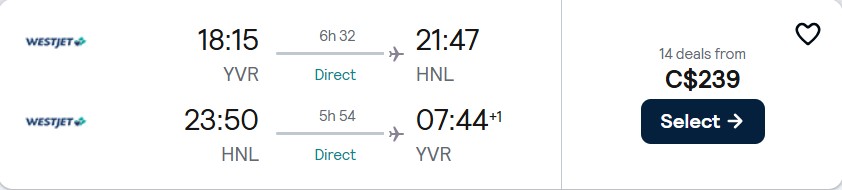 Non-stop flights from Vancouver, Canada to Honolulu, Hawaii for only $239 CAD roundtrip. Flight deal ticket image.