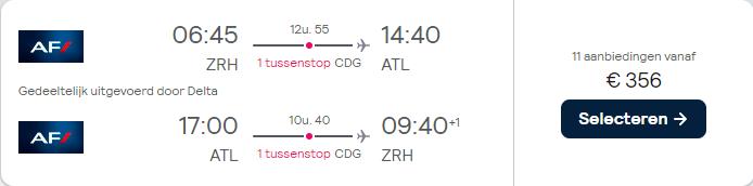 Cheap flights from Zurich, Switzerland to Atlanta, USA for only €356 roundtrip with Air France and Delta Air Lines. Flight deal ticket image.