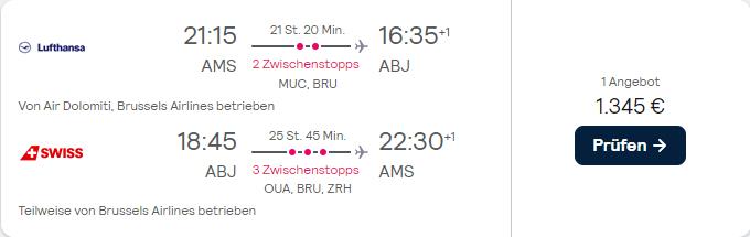 Business Class flights from Amsterdam, Netherlands to Abidjan, Ivory Coast for only €1345 roundtrip with Lufthansa, Brussels Airlines and Swiss International Air Lines. Flight deal ticket image.