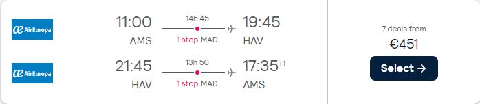 Cheap flights from Amsterdam, Netherlands to Havana, Cuba for only €451 roundtrip with Air Europa. Flight deal ticket image.
