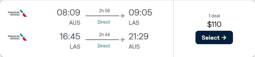Non-stop flights from Austin, Texas to Las Vegas for only $110 roundtrip with American Airlines. Also works in reverse. Flight deal ticket image.