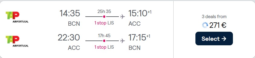 Cheap flights from Barcelona, Spain to Accra, Ghana for only €271 roundtrip with TAP Air Portugal. Flight deal ticket image.