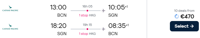 Cheap flights from Barcelona, Spain to Ho Chi Minh City, Vietnam for only €470 roundtrip with Cathay Pacific. Flight deal ticket image.
