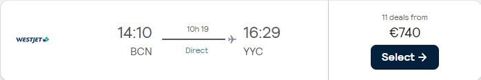 Business Class flights from Barcelona, Spain to Calgary, Canada for only €740 one-way. Flight deal ticket image.