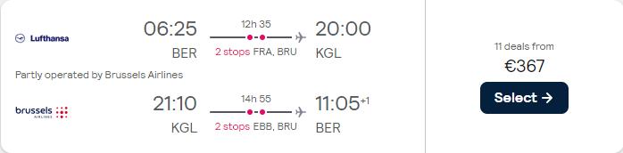 Cheap flights from German cities to Kigali, Rwanda from only €367 roundtrip with Lufthansa and Brussels Airlines. Flight deal ticket image.