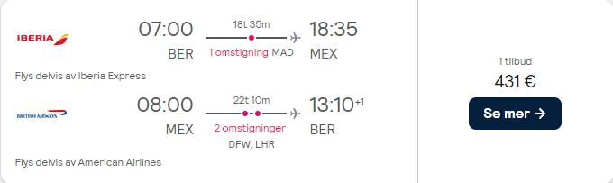 Cheap flights from Berlin, Germany to Mexico City, Mexico for only €431 roundtrip with Iberia, American Airlines and British Airways. Flight deal ticket image.