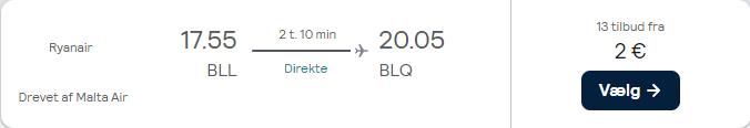 Non-stop flights from Billund, Denmark to Bologna, Italy for only €2 one-way. Flight deal ticket image.