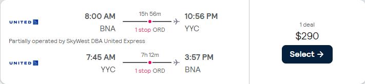 Cheap flights from Nashville to Calgary, Canada for only $290 roundtrip with United Airlines. Flight deal ticket image.