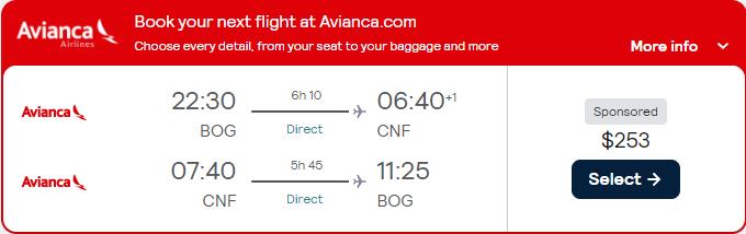 Non-stop flights from Bogota, Colombia to Belo Horizonte, Brazil for only $253 USD roundtrip with Avianca. Flight deal ticket image.
