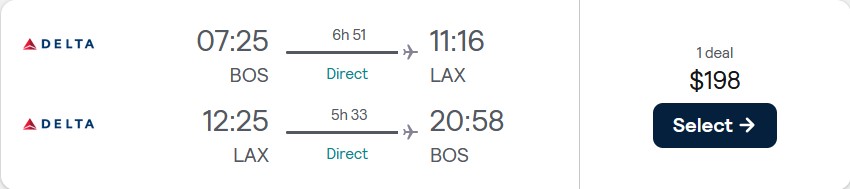 Non-stop flights from Boston to Los Angeles for only $198 roundtrip with Delta Air Lines. Also works in reverse. Flight deal ticket image.