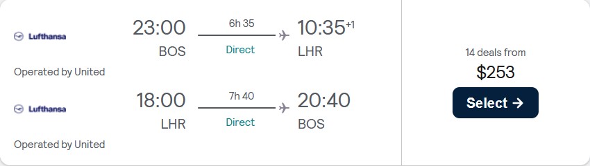 Non-stop flights from US cities to London, UK from only $253 roundtrip with United Airlines. Flight deal ticket image.