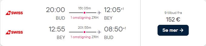 Cheap flights from Budapest, Hungary to Beirut, Lebanon for only €152 roundtrip with Swiss International Air Lines. Flight deal ticket image.