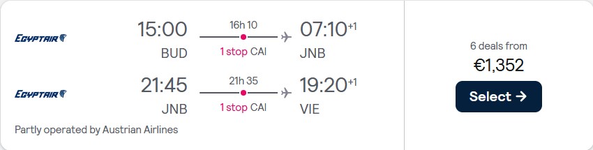 Open-jaw flights from Budapest, Hungary to Johannesburg, South Africa returning to Vienna, Austria for only €1352. Flight deal ticket image.