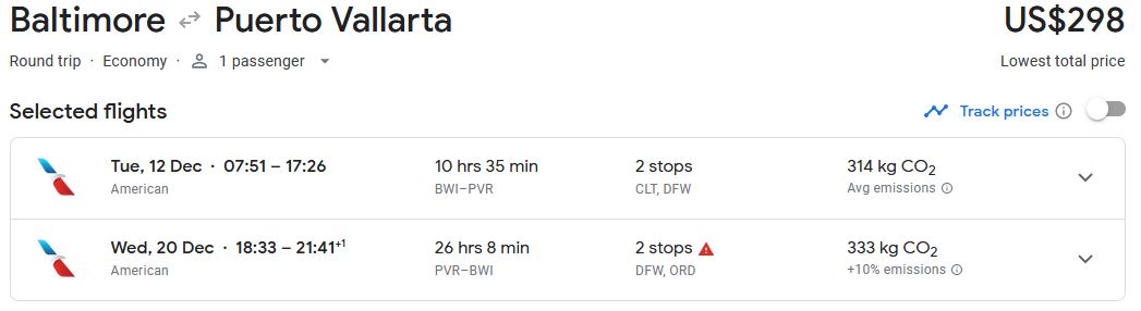 Click here to book this cheap flight deal. Cheap flights from Baltimore to Puerto Vallarta, Mexico for only $298 roundtrip with American Airlines. Flight deal ticket image.