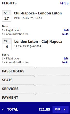 Non-stop flights from Cluj, Romania to London, UK for only €21 roundtrip. Flight deal ticket image.