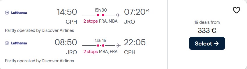 Cheap flights from Copenhagen, Denmark to Kilimanjaro, Tanzania for only €333 roundtrip with Lufthansa. Flight deal ticket image.