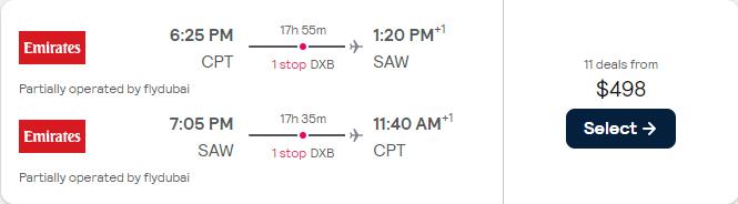Cheap flights from Cape Town, South Africa to Istanbul, Turkey for only $498 USD roundtrip with Emirates. Flight deal ticket image.