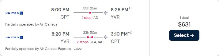 Cheap flights from Cape Town, South Africa to Vancouver, Canada for only $631 USD roundtrip with United Airlines and Air Canada. Flight deal ticket image.