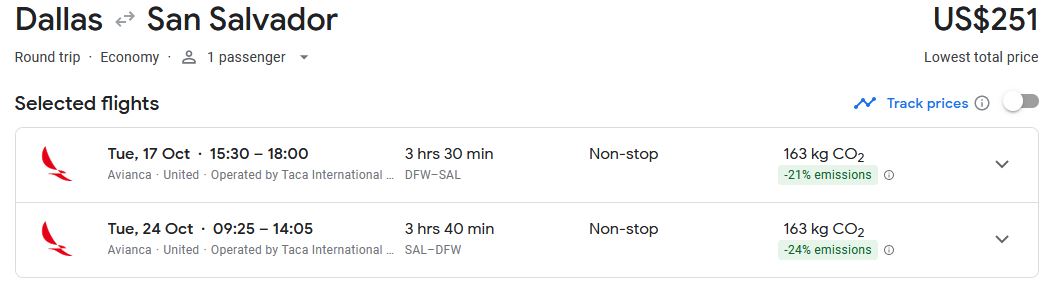 Non-stop flights from Dallas, Texas to San Salvador, El Salvador for only $251 roundtrip with Avianca. Flight deal ticket image.